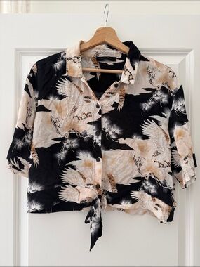 All Saints Black and Cream Crane Tie-Front Button-Up Shirt
